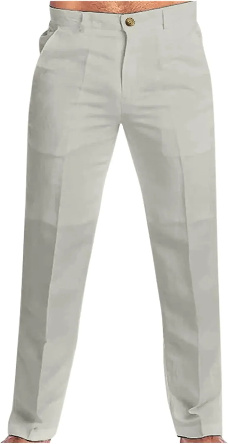 Mens Linen Dress Pants Casual Cotton Blend Relaxed Fit Straight Leg Khaki Pants Flat Front Twill Chino Trousers for Men