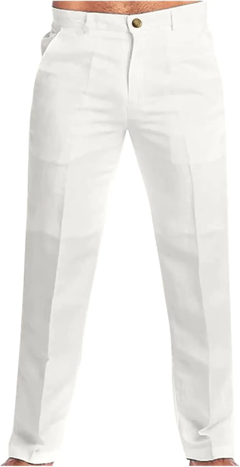 Mens Linen Dress Pants Casual Cotton Blend Relaxed Fit Straight Leg Khaki Pants Flat Front Twill Chino Trousers for Men