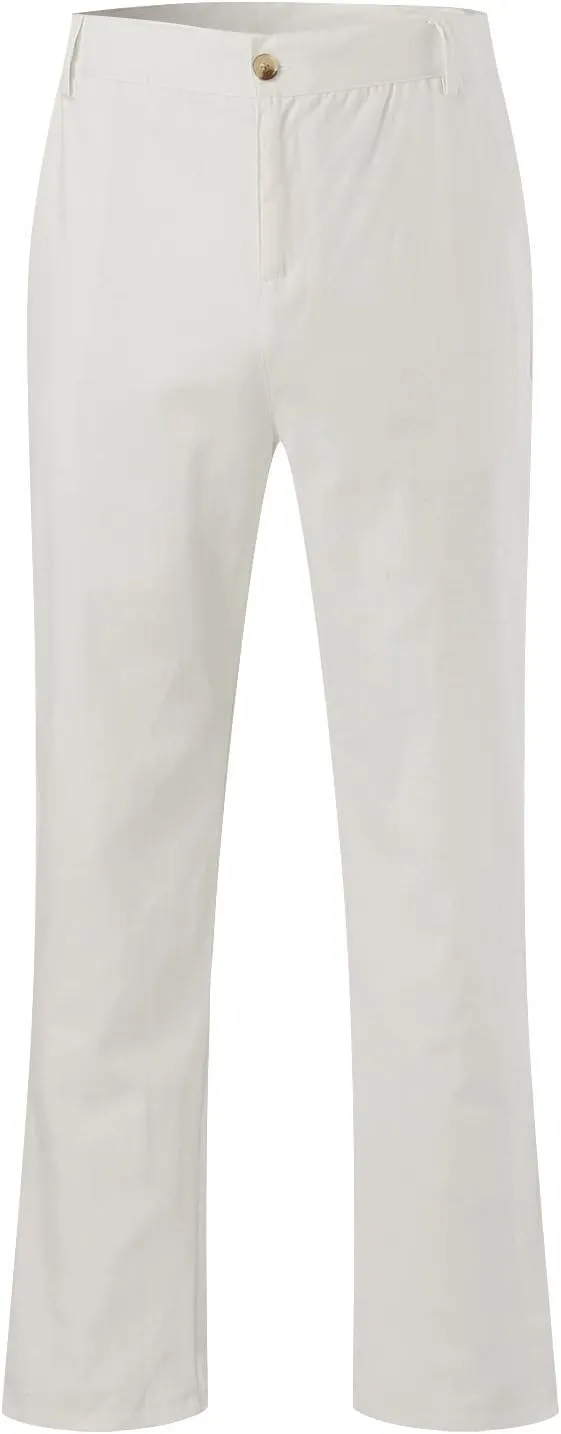 Mens Linen Dress Pants Casual Cotton Blend Relaxed Fit Straight Leg Khaki Pants Flat Front Twill Chino Trousers for Men