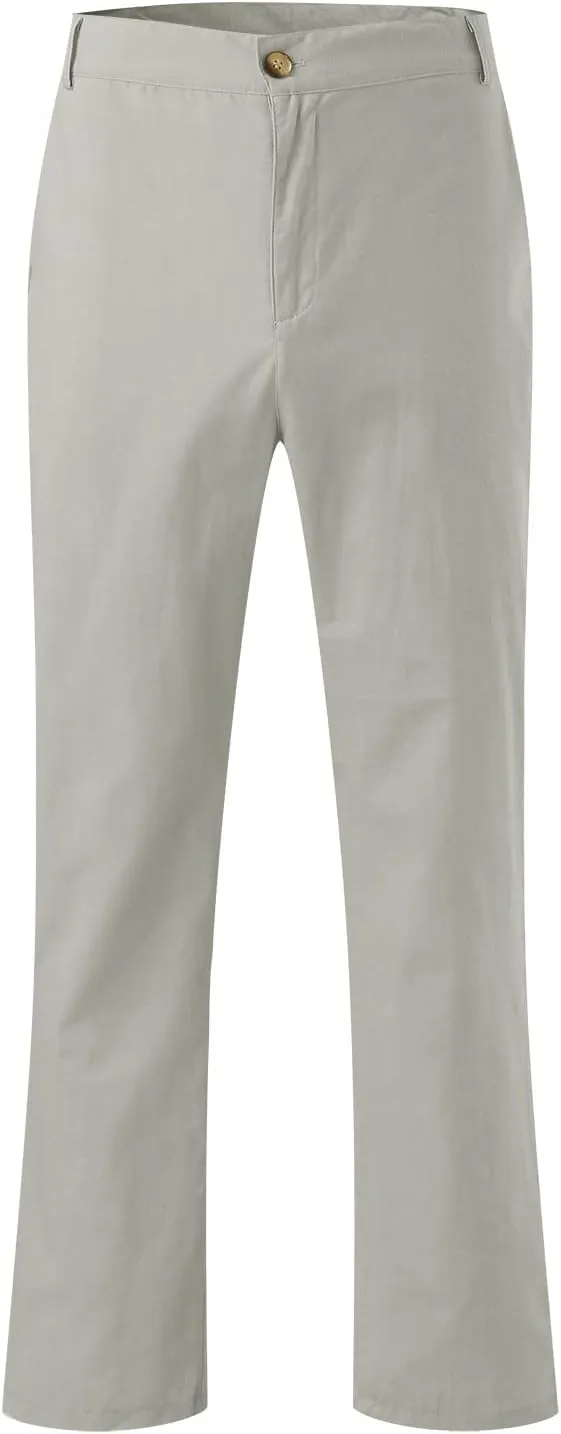 Mens Linen Dress Pants Casual Cotton Blend Relaxed Fit Straight Leg Khaki Pants Flat Front Twill Chino Trousers for Men