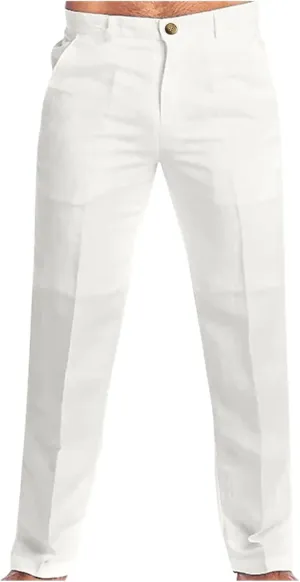 Mens Linen Dress Pants Casual Cotton Blend Relaxed Fit Straight Leg Khaki Pants Flat Front Twill Chino Trousers for Men