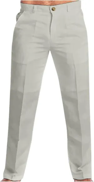 Mens Linen Dress Pants Casual Cotton Blend Relaxed Fit Straight Leg Khaki Pants Flat Front Twill Chino Trousers for Men