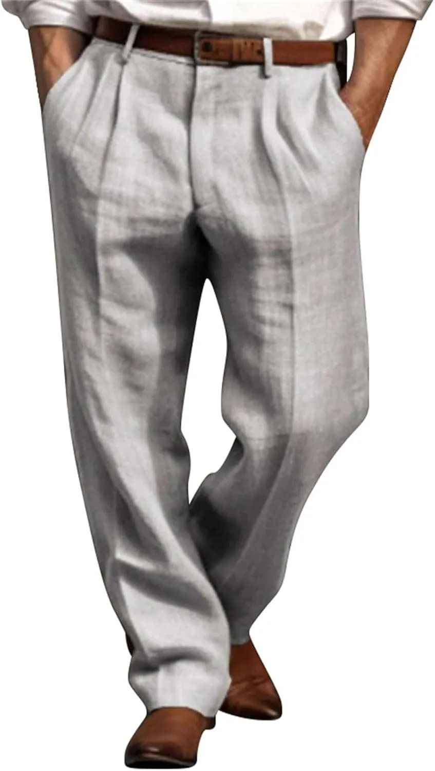Mens Linen Pants Big and Tall Classic Flat Front Chino Pants Casual Lightweight Straight Leg Summer Beach Trousers
