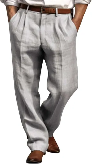 Mens Linen Pants Big and Tall Classic Flat Front Chino Pants Casual Lightweight Straight Leg Summer Beach Trousers