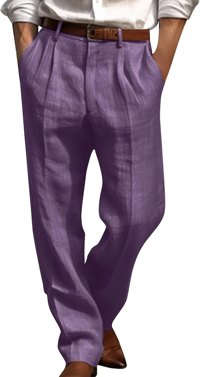 Mens Linen Pants Casual Loose Fit Straight Leg Trousers Lightweight Comfy Pants with Pockets Relaxed Work Suit Pants