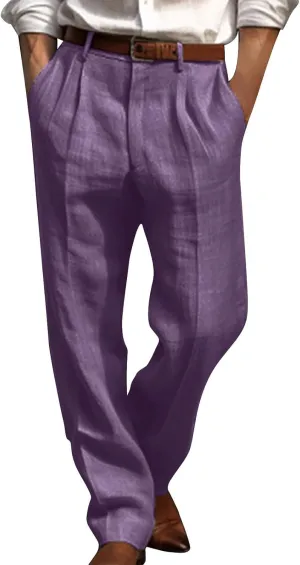 Mens Linen Pants Casual Loose Fit Straight Leg Trousers Lightweight Comfy Pants with Pockets Relaxed Work Suit Pants