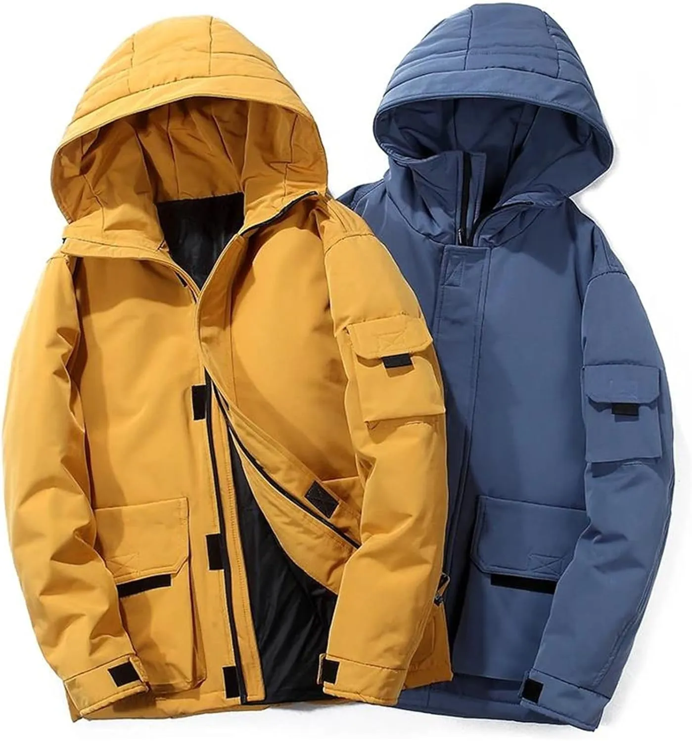 Men's Puffer Jacket Multi-Pocket Hooded Thick Warm Cotton-Padded Coat Winter Heavy Warm Quilted Jackets