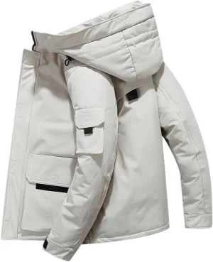 Men's Puffer Jacket Multi-Pocket Hooded Thick Warm Cotton-Padded Coat Winter Heavy Warm Quilted Jackets