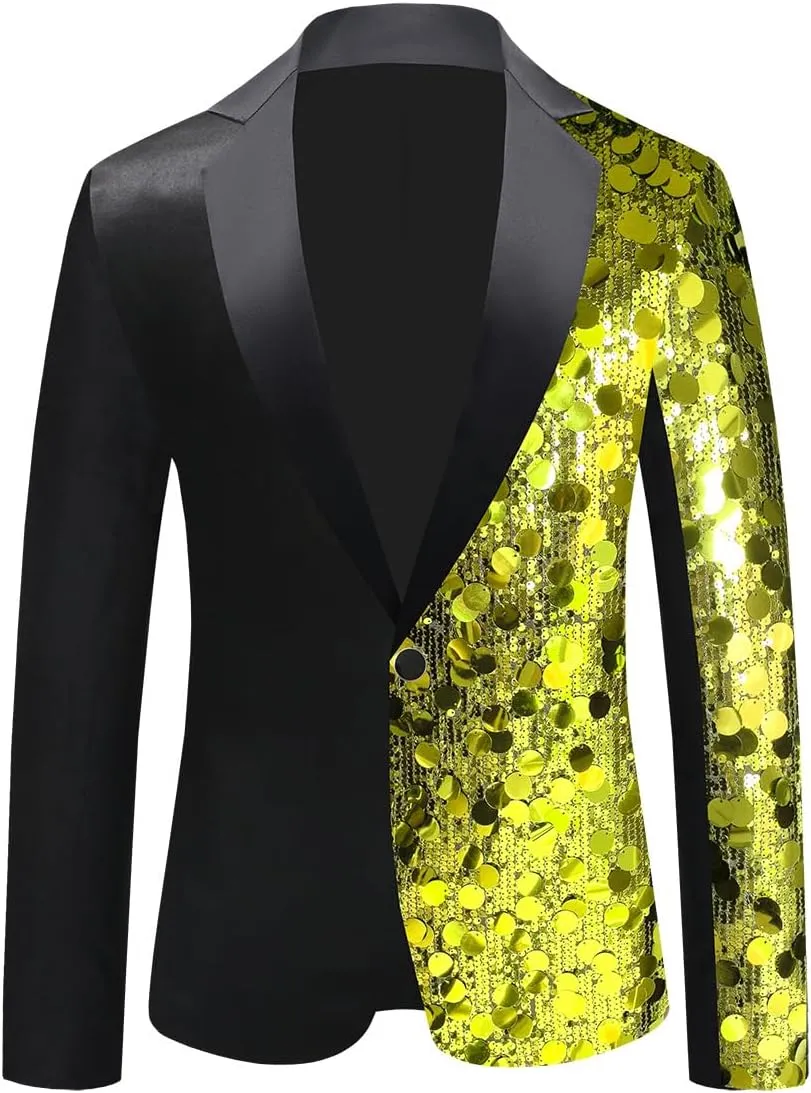 Men's Sequined Blazer for Prom Notched Lapel Single Breasted One Button Unique Design Jacket