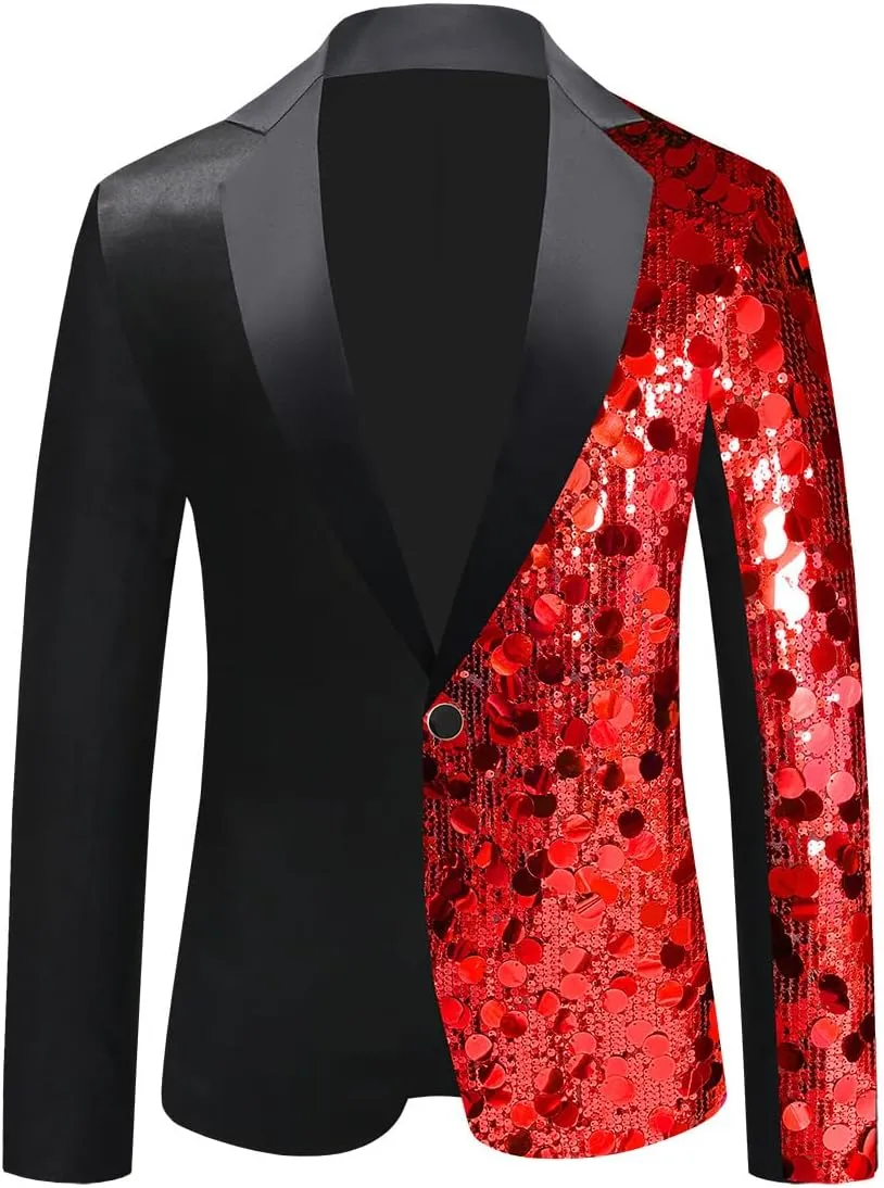 Men's Sequined Blazer for Prom Notched Lapel Single Breasted One Button Unique Design Jacket