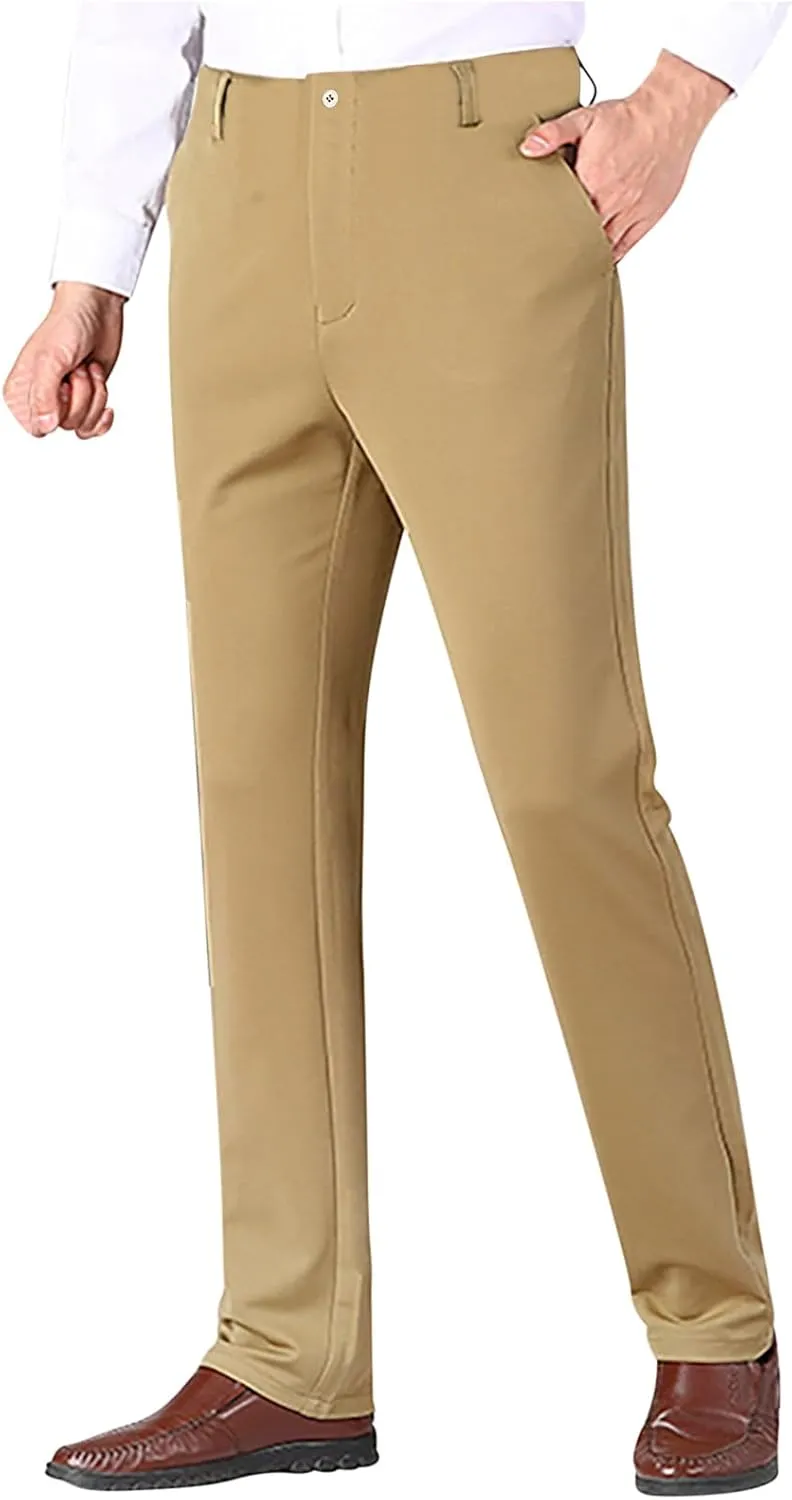 Mens Slim Fit Dress Pants Stretch Classic Flat Front Work Pants Lightweight Casual Business Office Straight Trousers