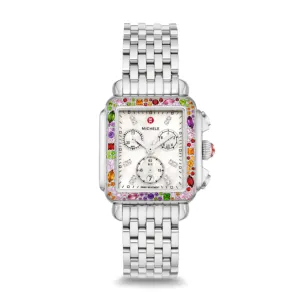 MICHELE Watches Deco Soirée Stainless Steel White Mother Of Pearl Watch With Mixed Gemstones (33mm)