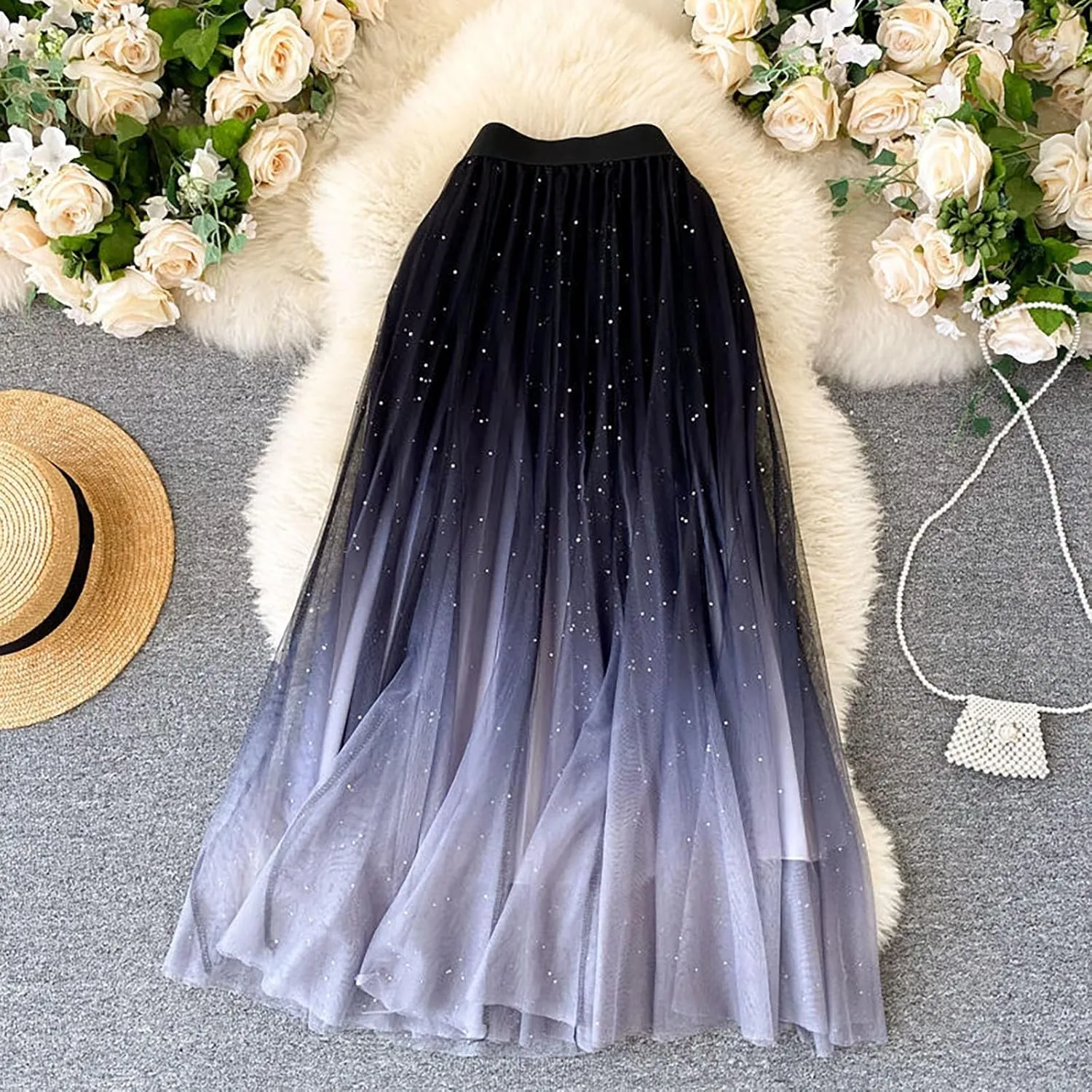 Midi Skirt Women's Fairy Tulle Skirt Starry Sky Gradient Color Mesh Skirt High Waist A Line Pleated Womens Long