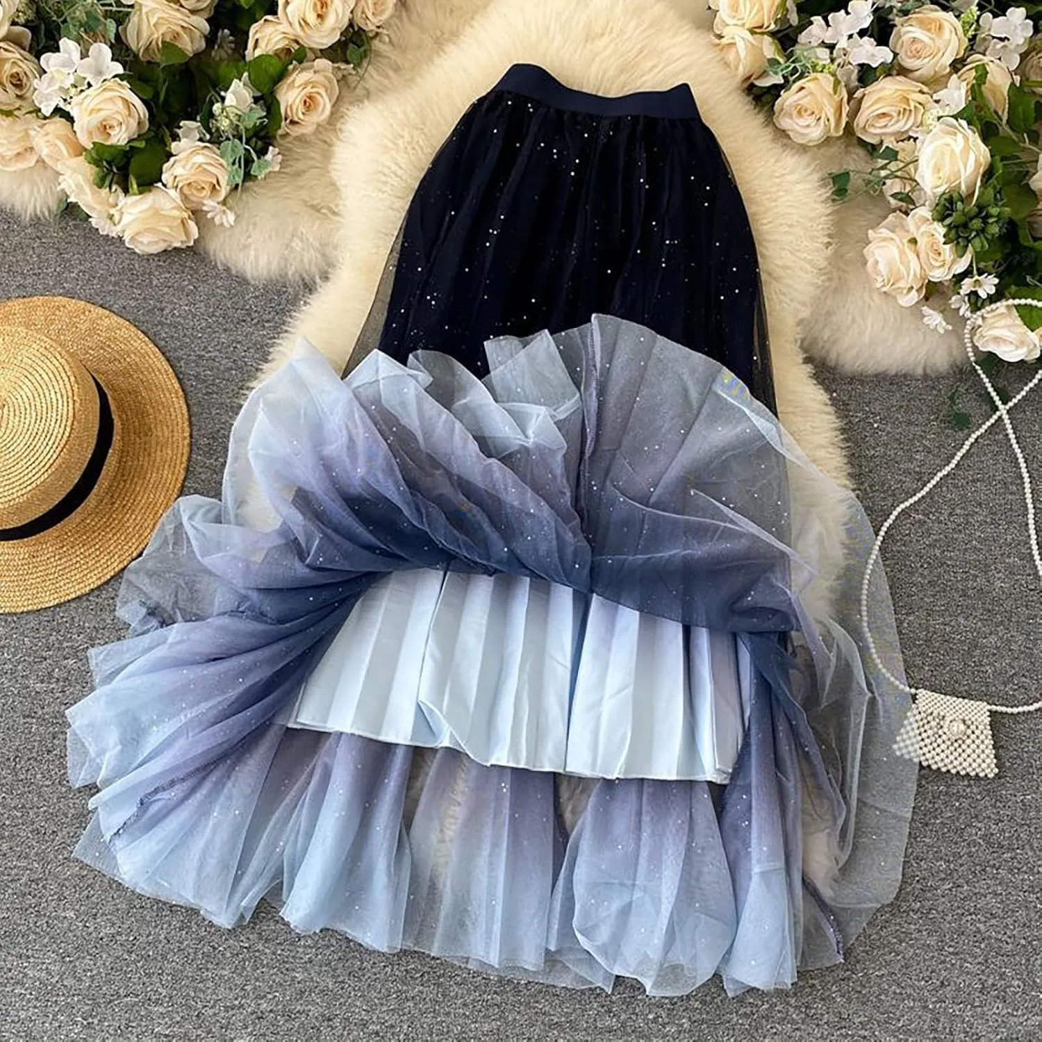 Midi Skirt Women's Fairy Tulle Skirt Starry Sky Gradient Color Mesh Skirt High Waist A Line Pleated Womens Long