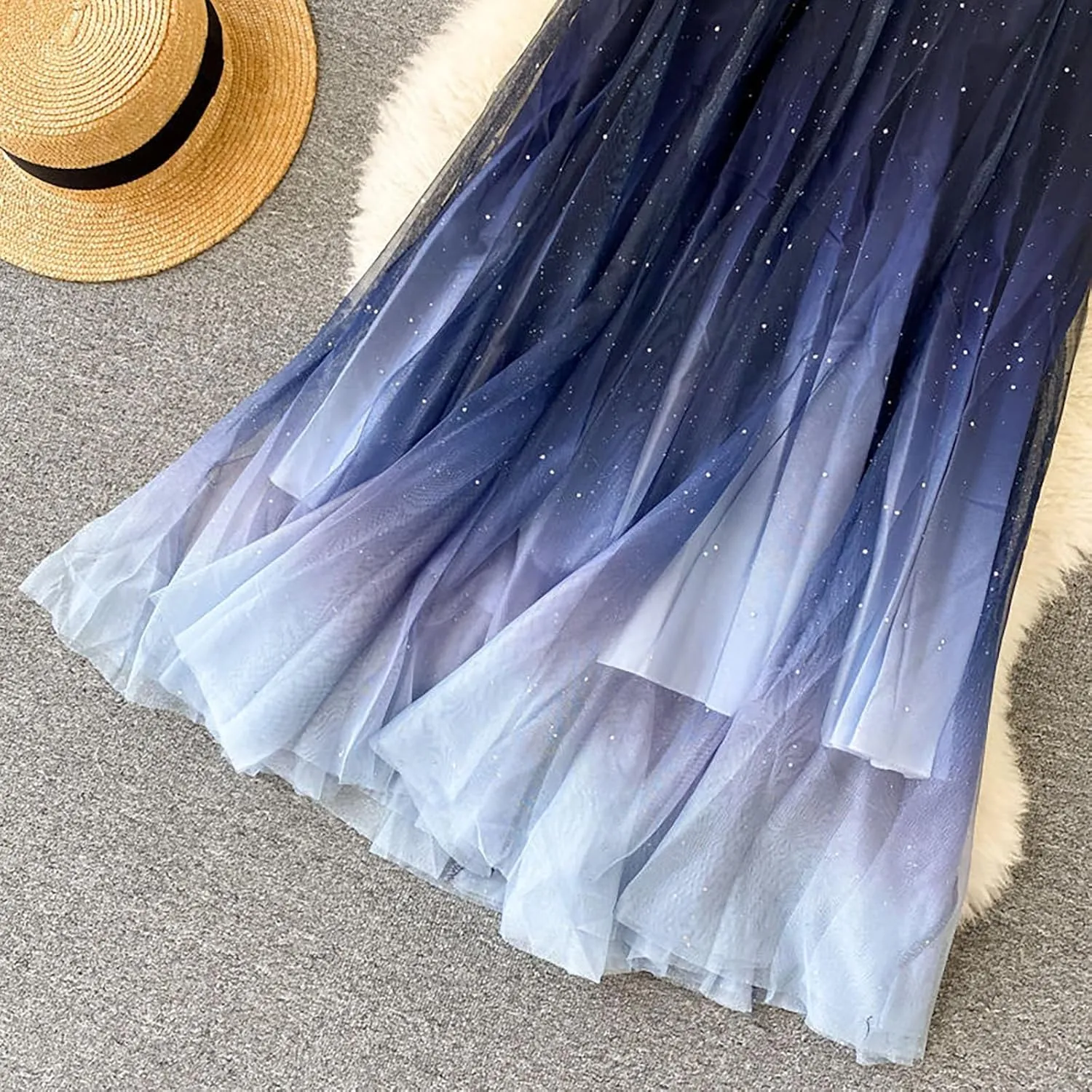 Midi Skirt Women's Fairy Tulle Skirt Starry Sky Gradient Color Mesh Skirt High Waist A Line Pleated Womens Long