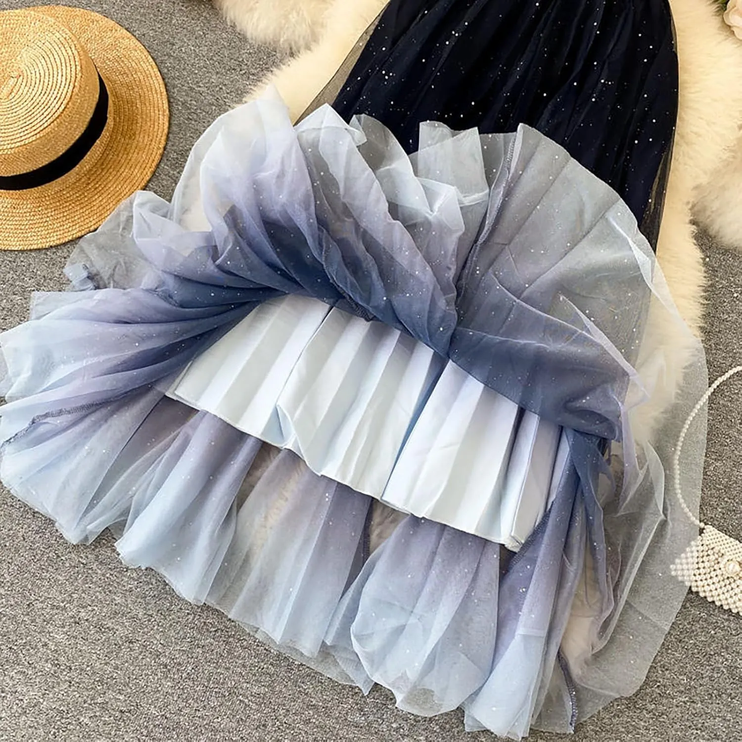 Midi Skirt Women's Fairy Tulle Skirt Starry Sky Gradient Color Mesh Skirt High Waist A Line Pleated Womens Long