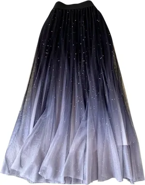 Midi Skirt Women's Fairy Tulle Skirt Starry Sky Gradient Color Mesh Skirt High Waist A Line Pleated Womens Long