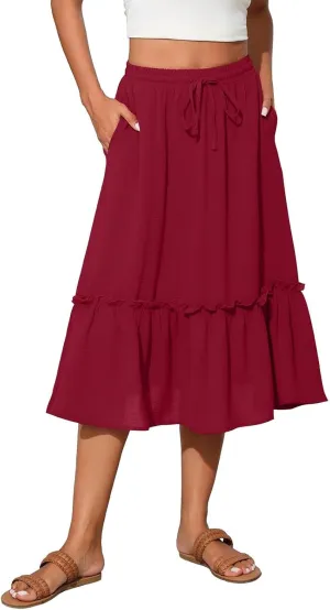 Midi Skirts for Women Boho Drawstring Waist Beach Skirt with Pockets Casual Flowy Swing Pleated A Line Skirts