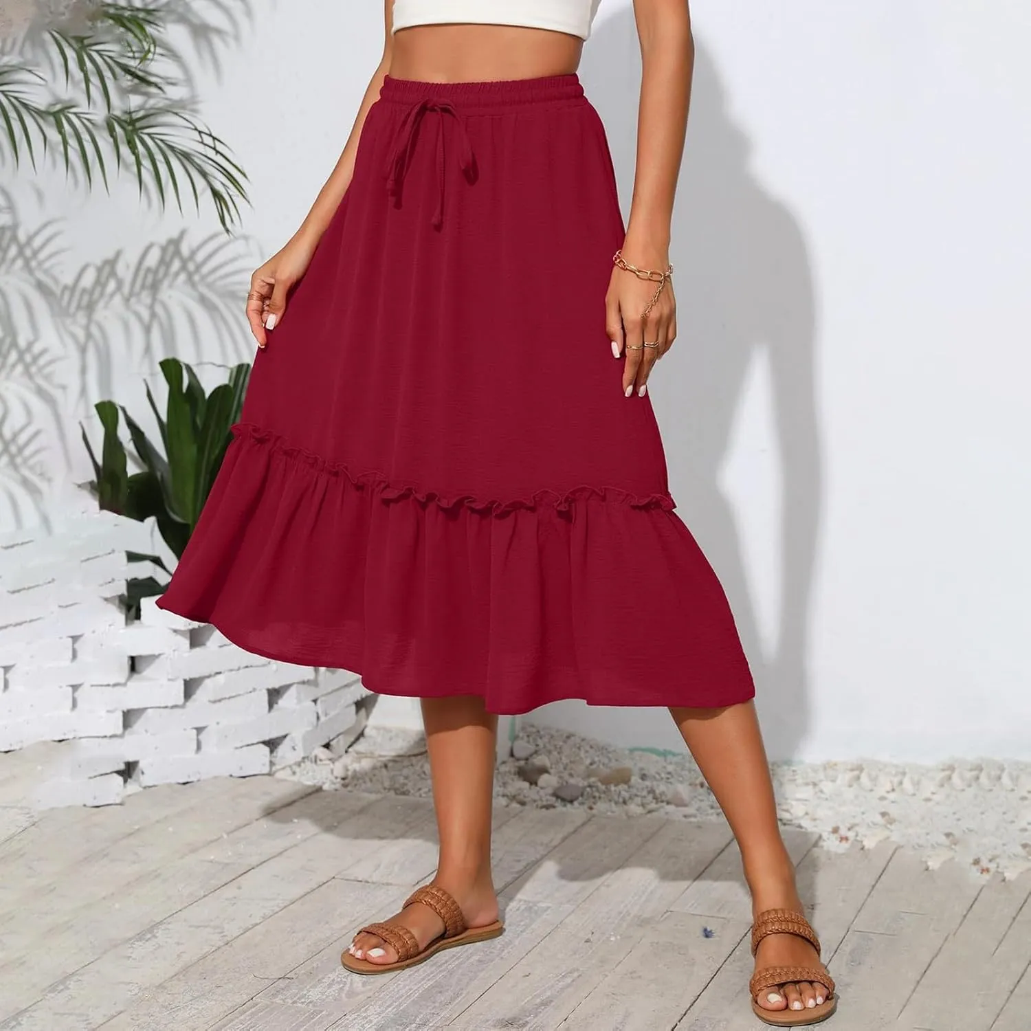 Midi Skirts for Women Boho Drawstring Waist Beach Skirt with Pockets Casual Flowy Swing Pleated A Line Skirts