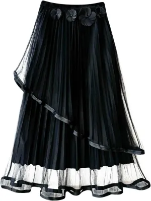 Midi Skirts for Women Women's High Waist Three Flower Mesh Skirt Design Sense of Irregular Fairy Pleated Skirt A