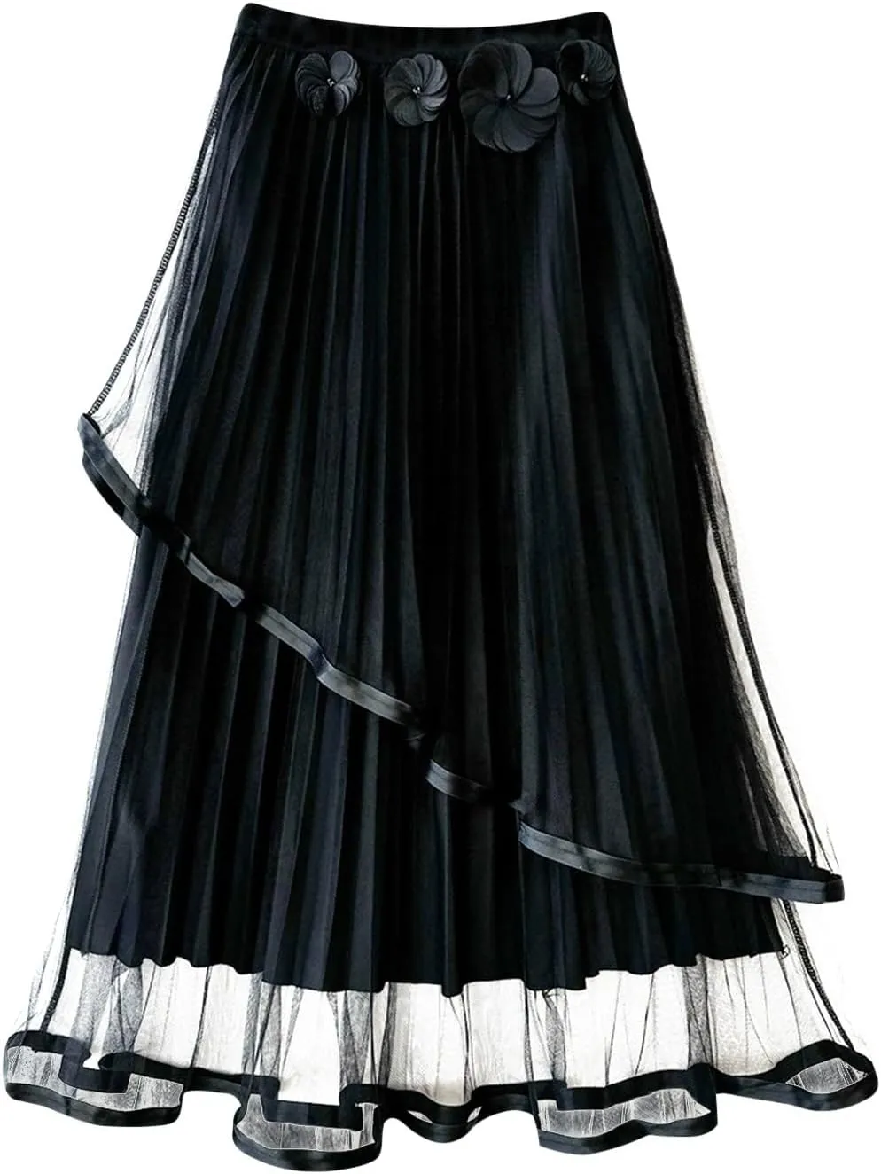 Midi Skirts for Women Women's High Waist Three Flower Mesh Skirt Design Sense of Irregular Fairy Pleated Skirt A