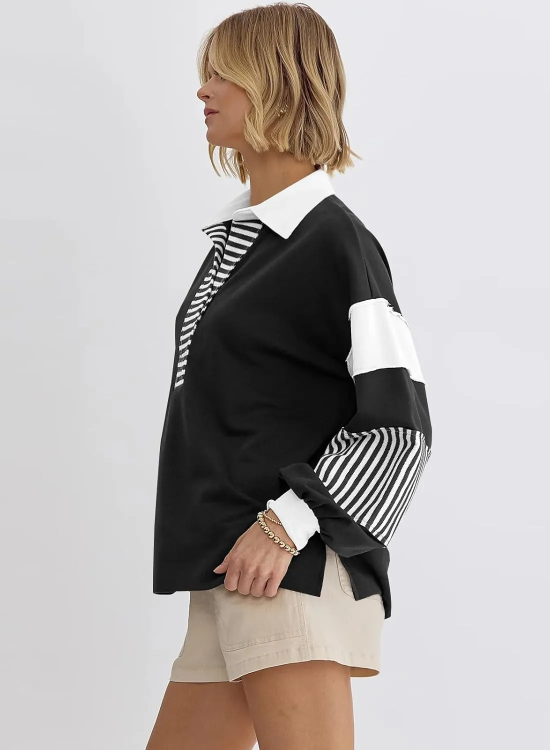 miduo Womens Loose Fit Striped Color Block Long Sleeve Sweatshirt Lapel Collared V Neck Pullover Shirts Tops