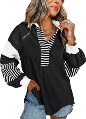 miduo Womens Loose Fit Striped Color Block Long Sleeve Sweatshirt Lapel Collared V Neck Pullover Shirts Tops