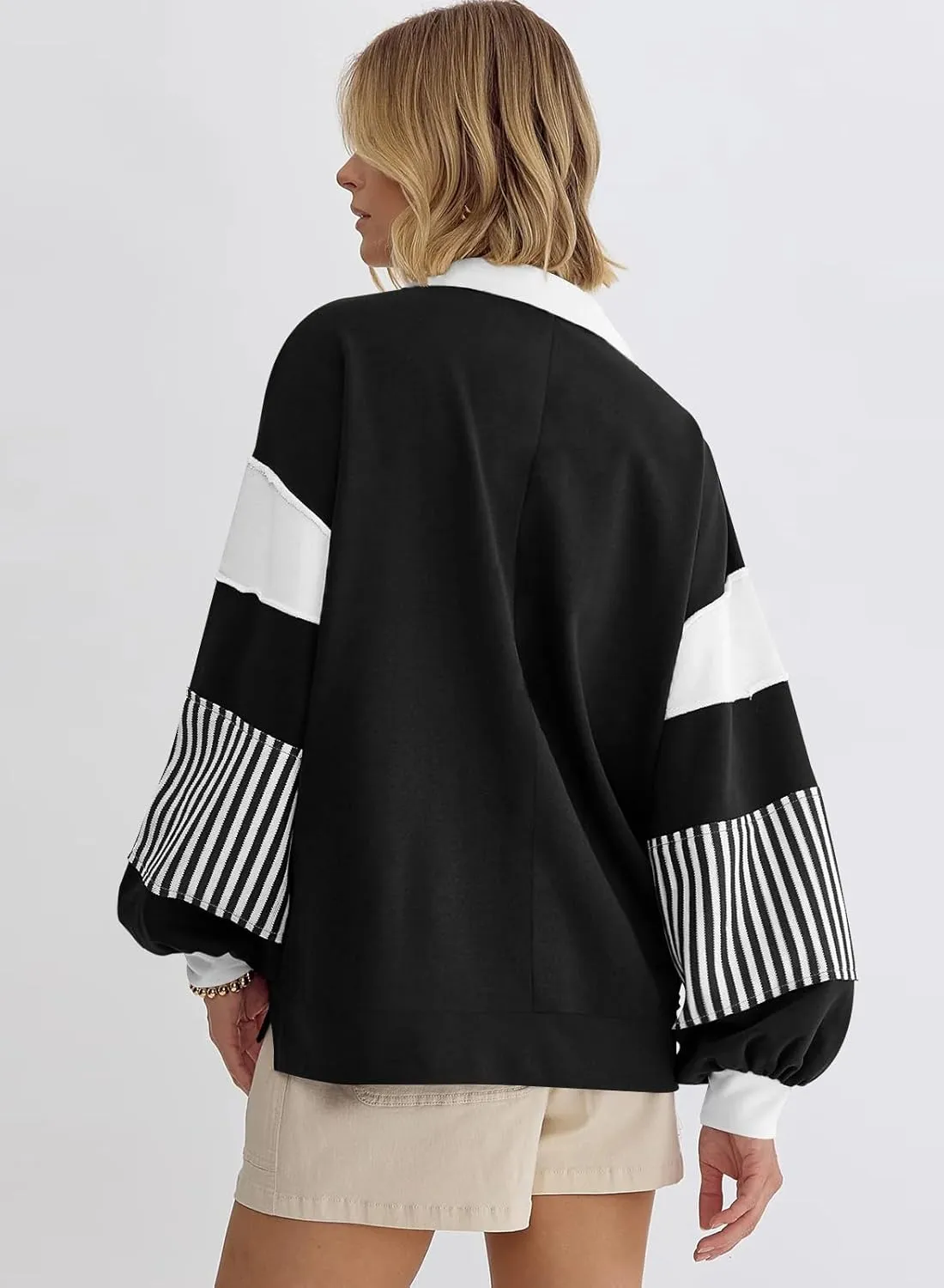 miduo Womens Loose Fit Striped Color Block Long Sleeve Sweatshirt Lapel Collared V Neck Pullover Shirts Tops