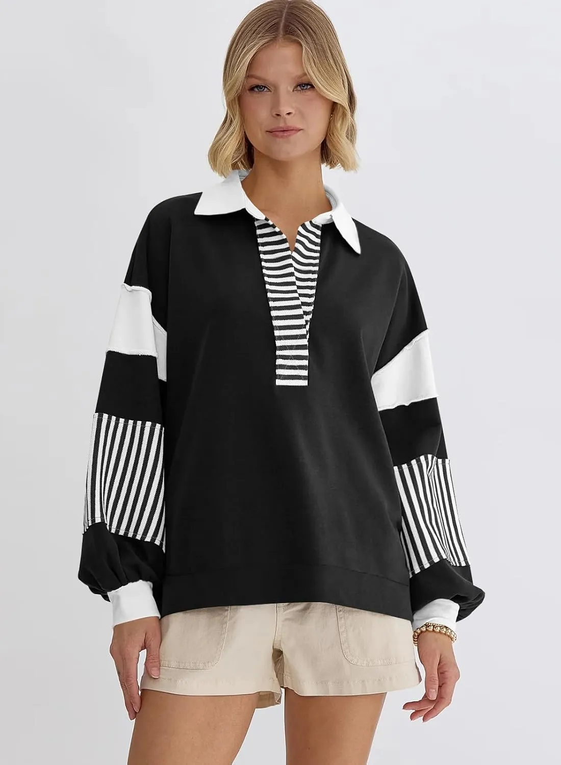 miduo Womens Loose Fit Striped Color Block Long Sleeve Sweatshirt Lapel Collared V Neck Pullover Shirts Tops
