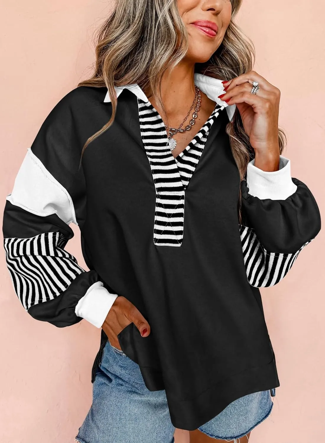 miduo Womens Loose Fit Striped Color Block Long Sleeve Sweatshirt Lapel Collared V Neck Pullover Shirts Tops
