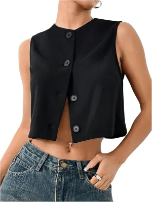 Milumia Women's Crew Neck Sleeveless Cropped Blazer Vest Button Down Suit Vest Top