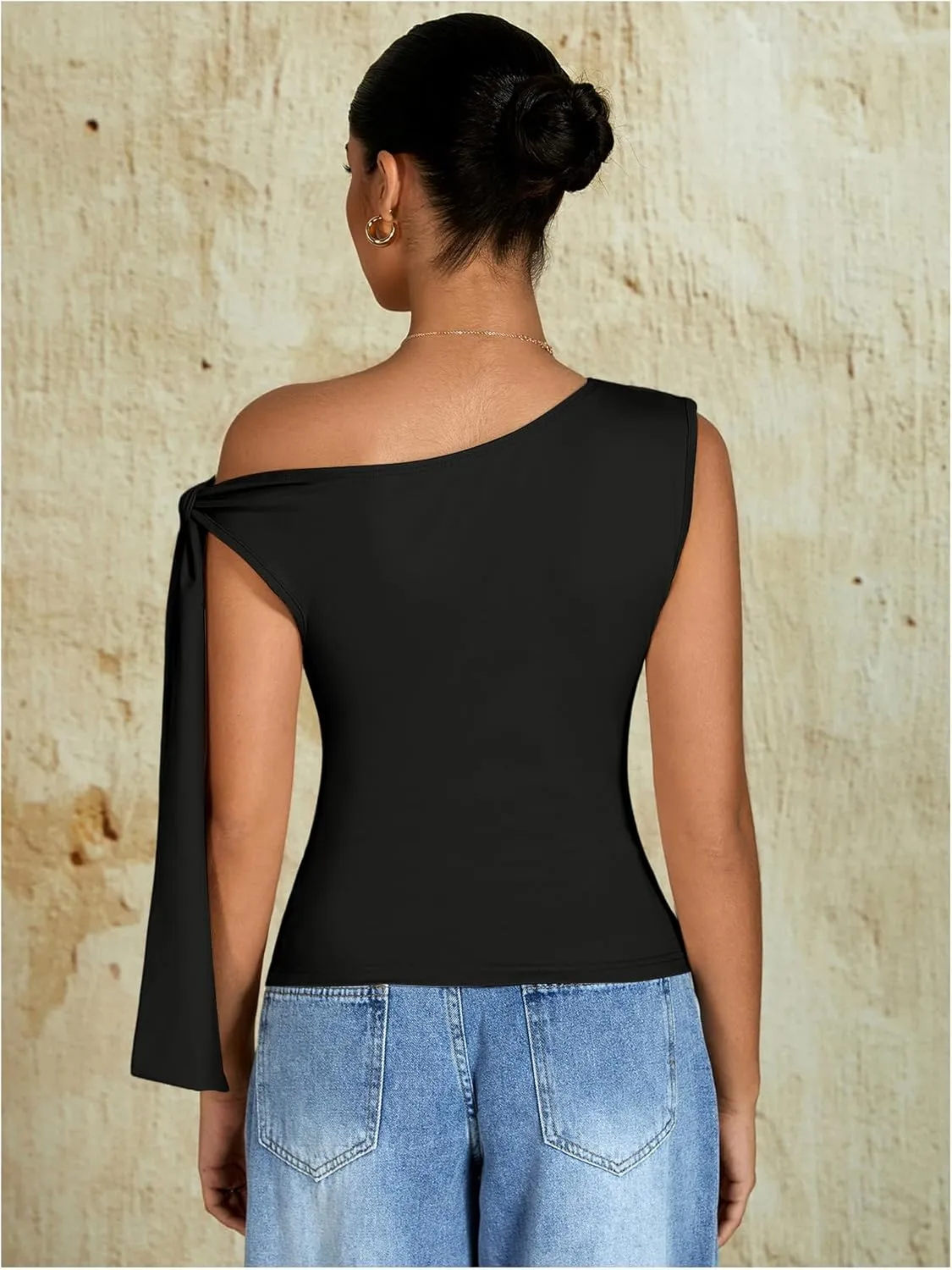 Milumia Women's Ruched Off One Shoulder Tops Y2K Asymmetrical Tie Shoulder Tank Top