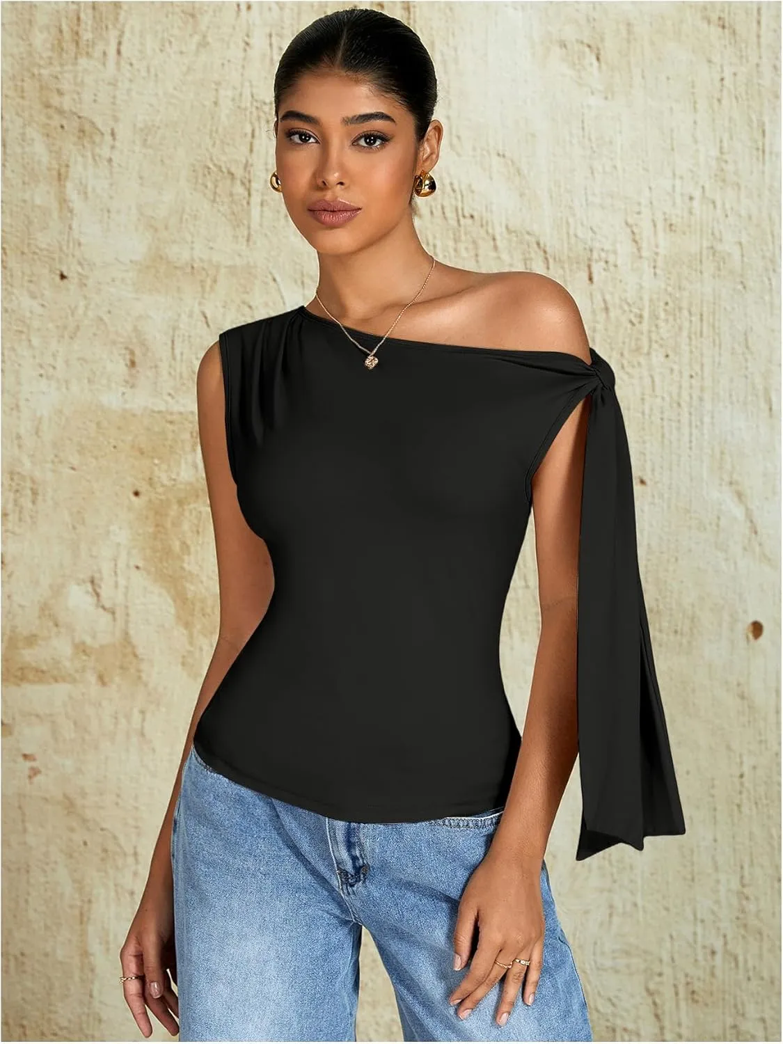 Milumia Women's Ruched Off One Shoulder Tops Y2K Asymmetrical Tie Shoulder Tank Top