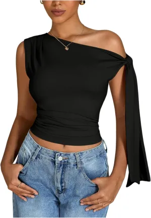 Milumia Women's Ruched Off One Shoulder Tops Y2K Asymmetrical Tie Shoulder Tank Top
