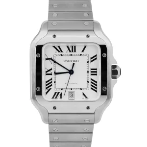 MINT PAPERS Cartier Santos 39.8mm White Steel Leather 4072 Watch WSSA0018 BOX