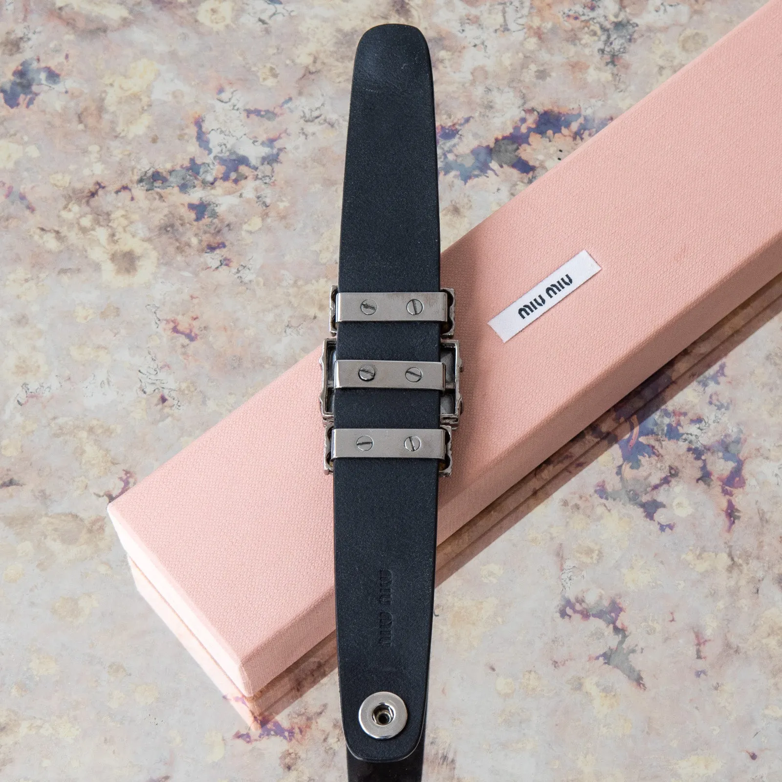 Miu Miu Crystal Embellished Cuff Leather Bracelet
