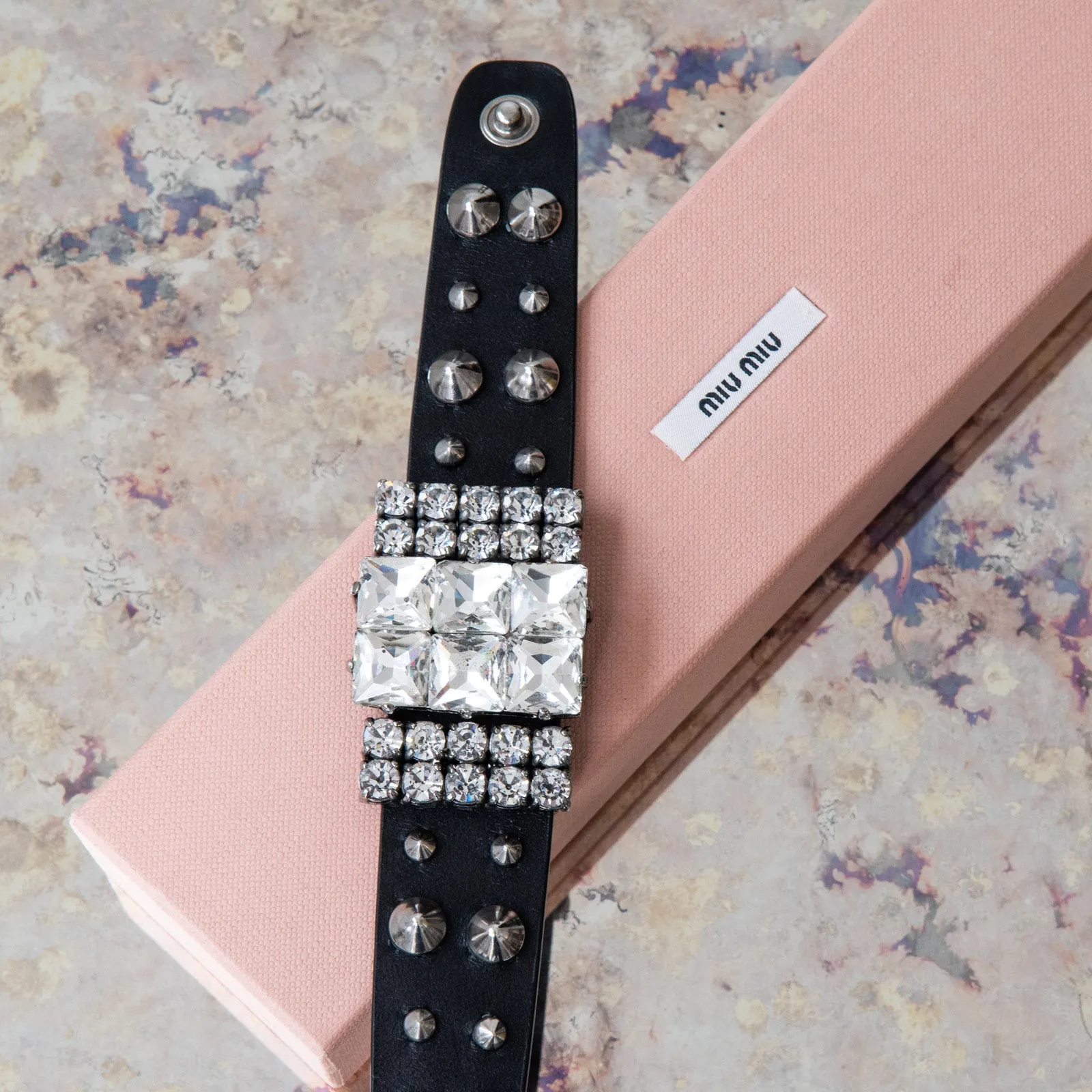 Miu Miu Crystal Embellished Cuff Leather Bracelet