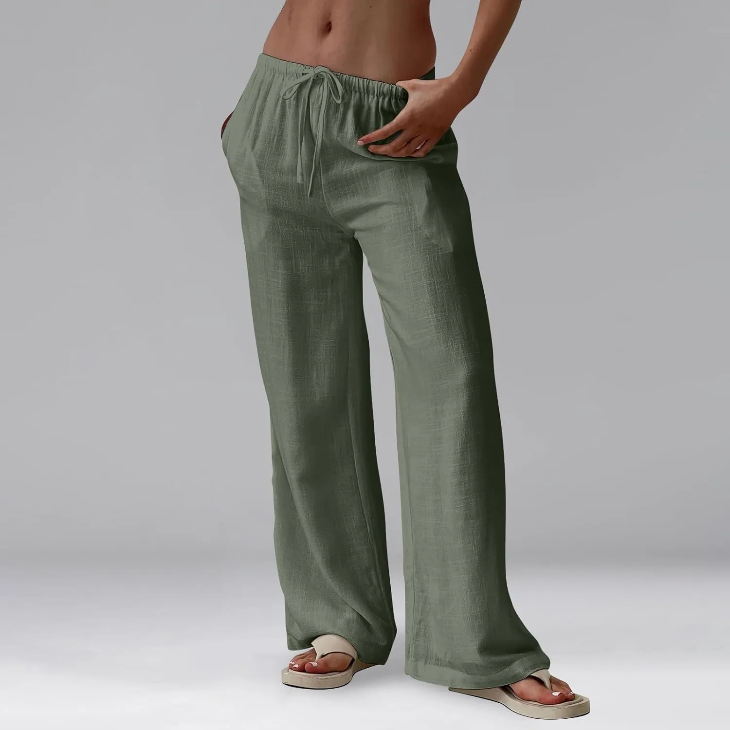 Miyaomn Women's Linen Pants for Summer High Waisted Drawstring Wide Leg Palazzo Pants Casual Boho Beach Trousers with Pockets