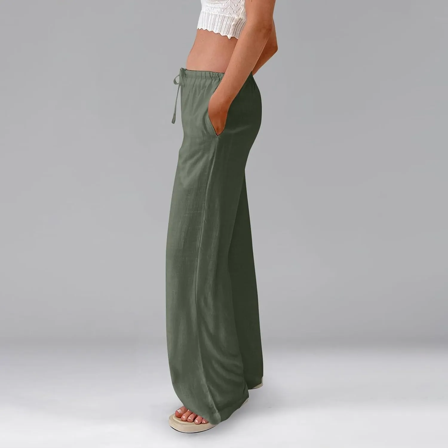 Miyaomn Women's Linen Pants for Summer High Waisted Drawstring Wide Leg Palazzo Pants Casual Boho Beach Trousers with Pockets