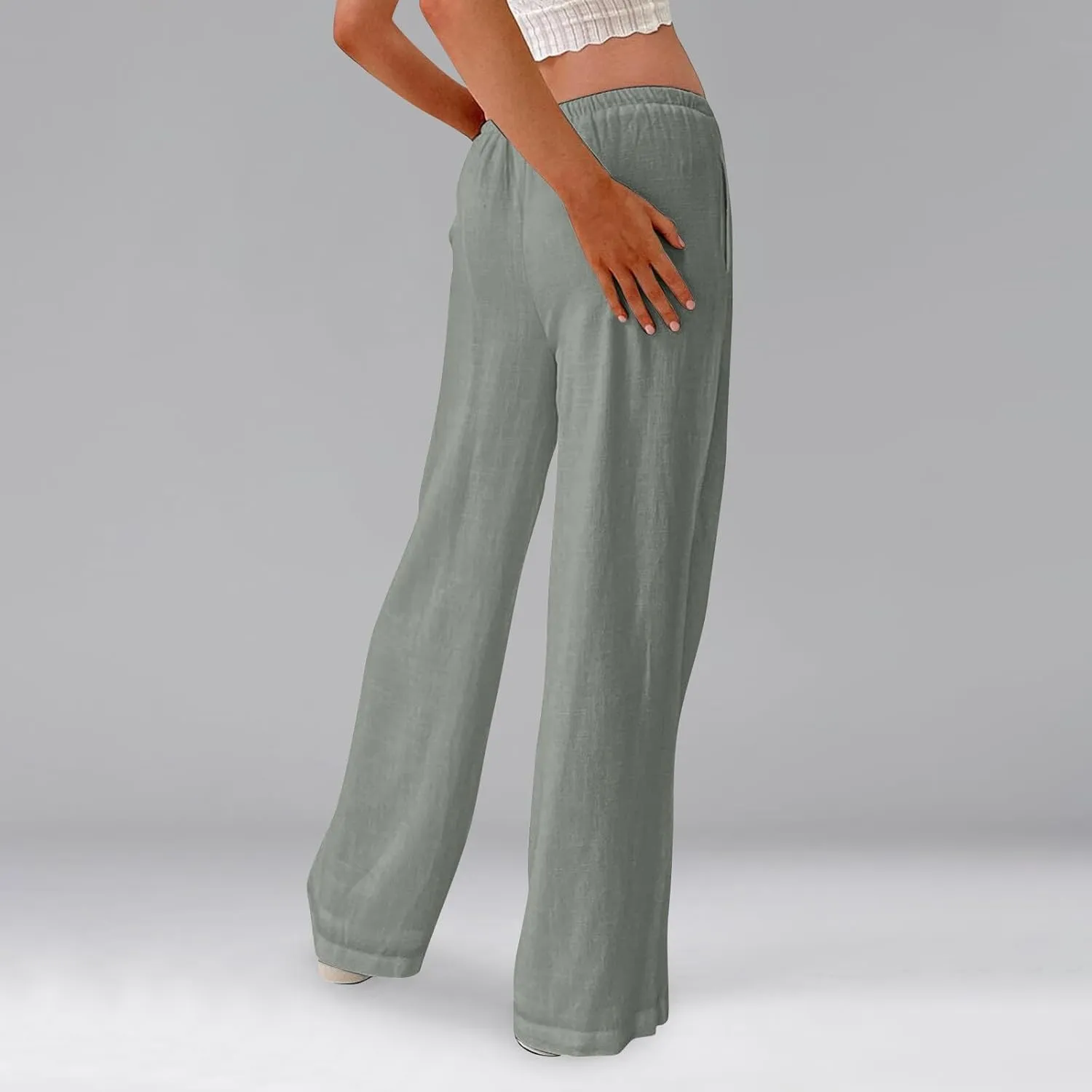Miyaomn Women's Linen Pants for Summer High Waisted Drawstring Wide Leg Palazzo Pants Casual Boho Beach Trousers with Pockets