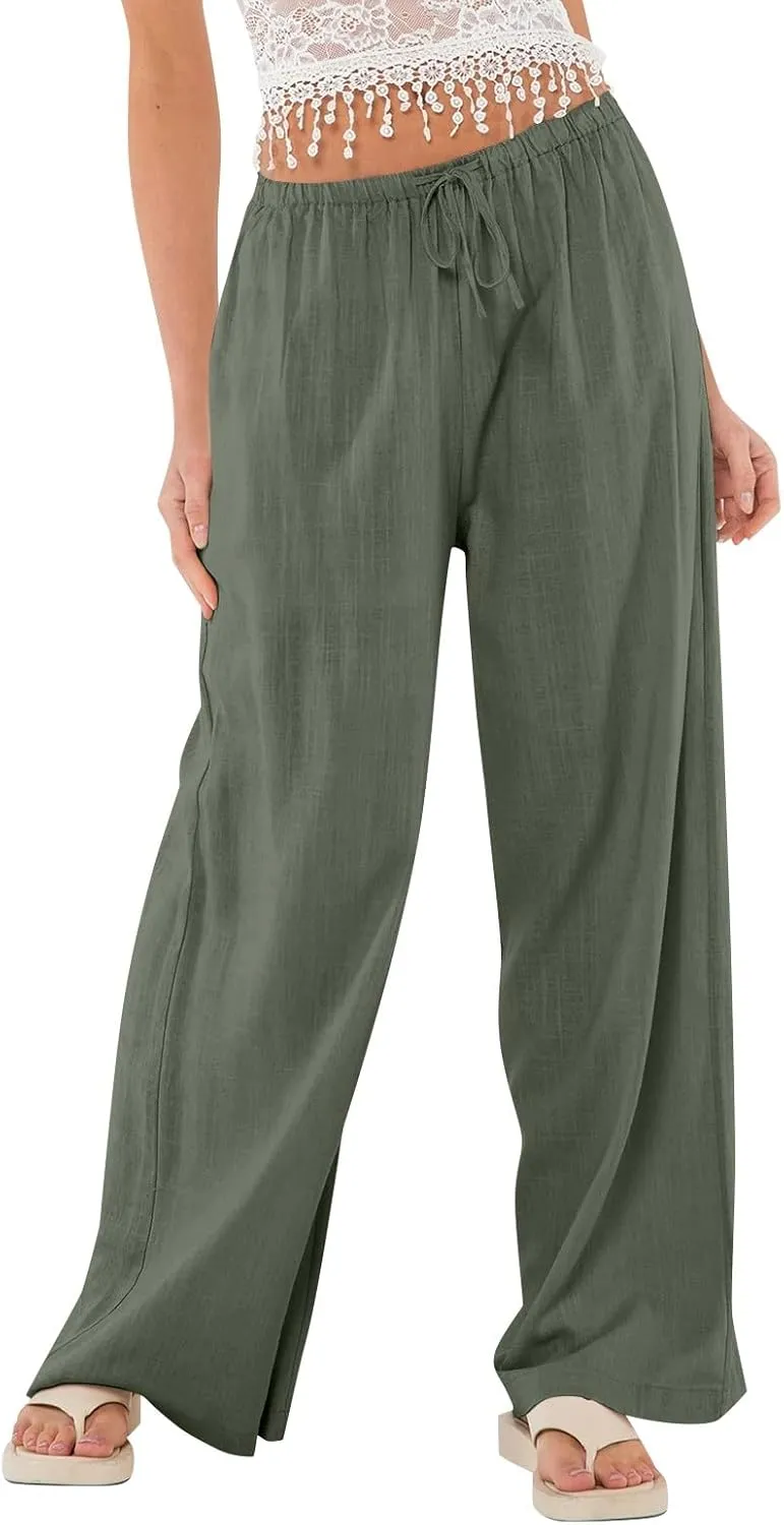 Miyaomn Women's Linen Pants for Summer High Waisted Drawstring Wide Leg Palazzo Pants Casual Boho Beach Trousers with Pockets