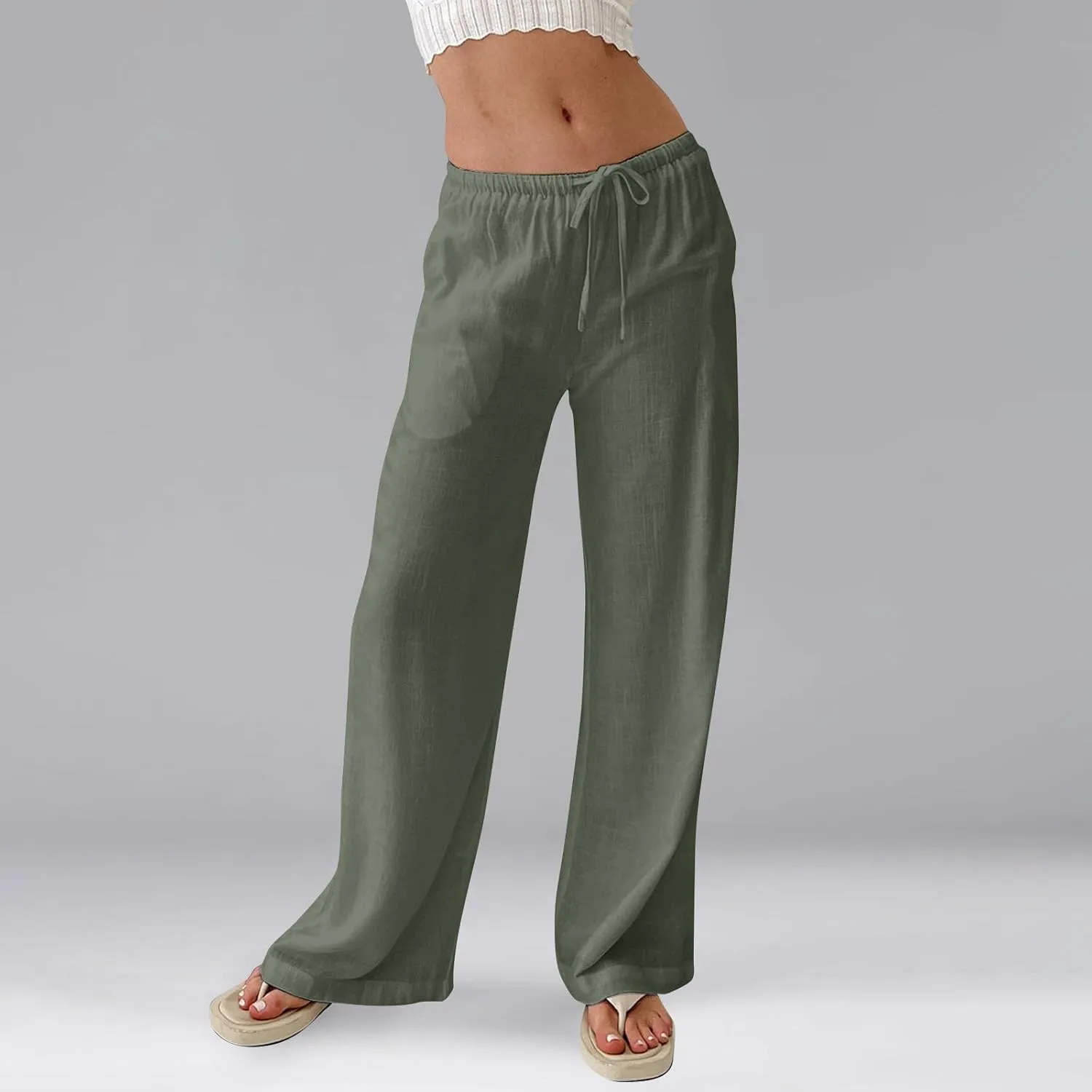 Miyaomn Women's Linen Pants for Summer High Waisted Drawstring Wide Leg Palazzo Pants Casual Boho Beach Trousers with Pockets