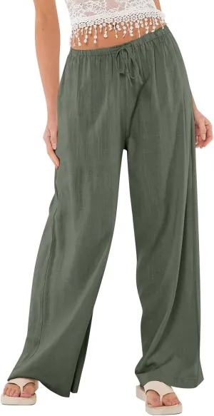Miyaomn Women's Linen Pants for Summer High Waisted Drawstring Wide Leg Palazzo Pants Casual Boho Beach Trousers with Pockets