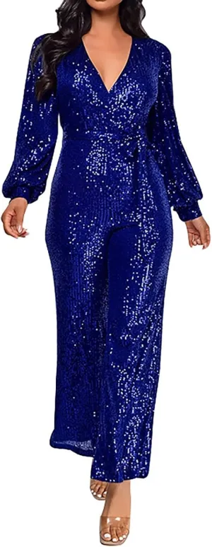 Miyaomn Women's Sparkly Sequin Jumpsuits Sexy V-Neck Long Sleeve High Waisted Wide Leg Pants with Belt Rompers Party Clubwear