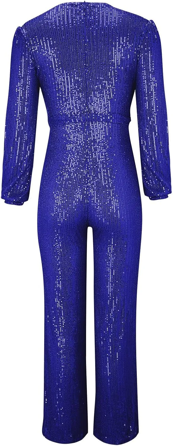 Miyaomn Women's Sparkly Sequin Jumpsuits Sexy V-Neck Long Sleeve High Waisted Wide Leg Pants with Belt Rompers Party Clubwear