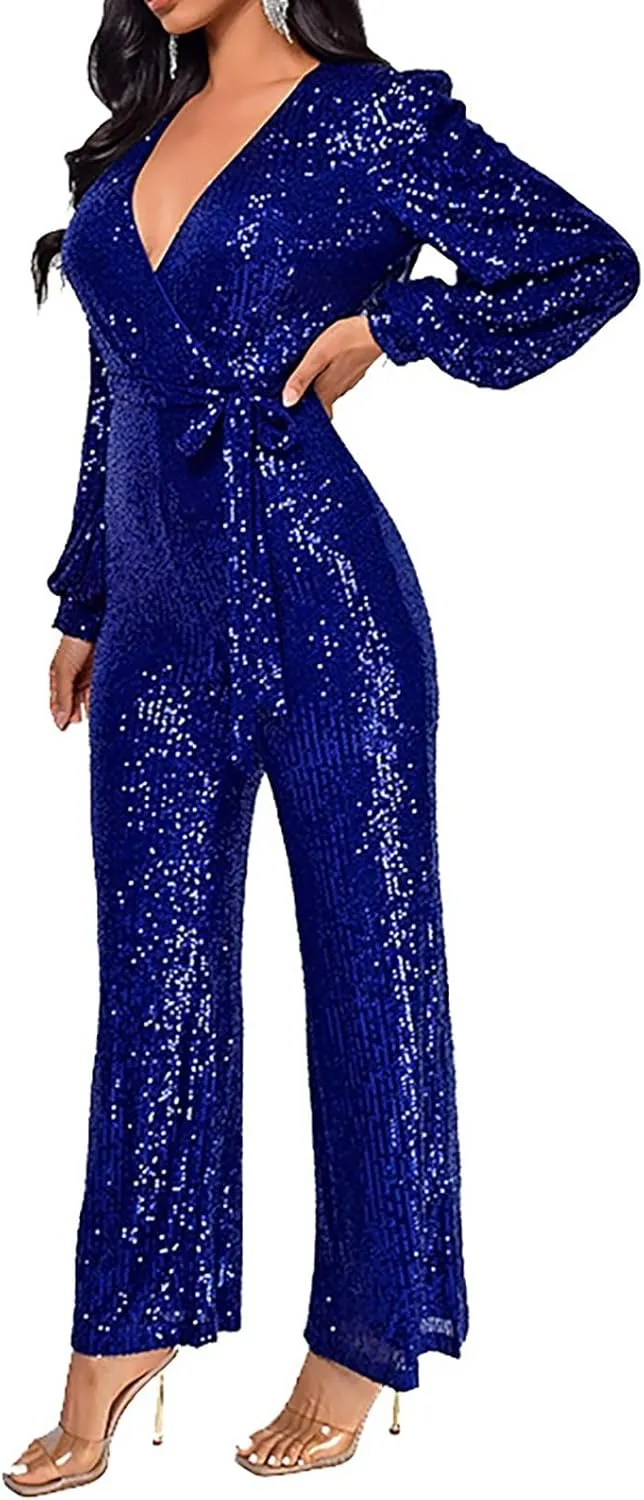 Miyaomn Women's Sparkly Sequin Jumpsuits Sexy V-Neck Long Sleeve High Waisted Wide Leg Pants with Belt Rompers Party Clubwear