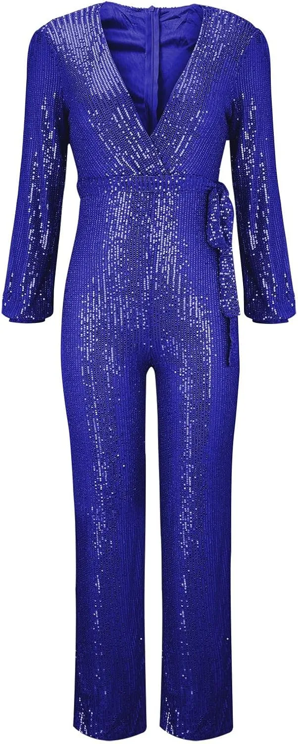 Miyaomn Women's Sparkly Sequin Jumpsuits Sexy V-Neck Long Sleeve High Waisted Wide Leg Pants with Belt Rompers Party Clubwear