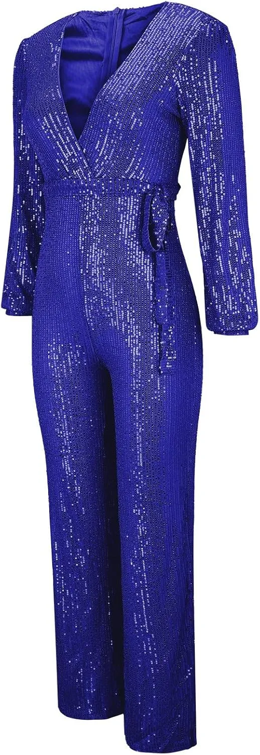 Miyaomn Women's Sparkly Sequin Jumpsuits Sexy V-Neck Long Sleeve High Waisted Wide Leg Pants with Belt Rompers Party Clubwear