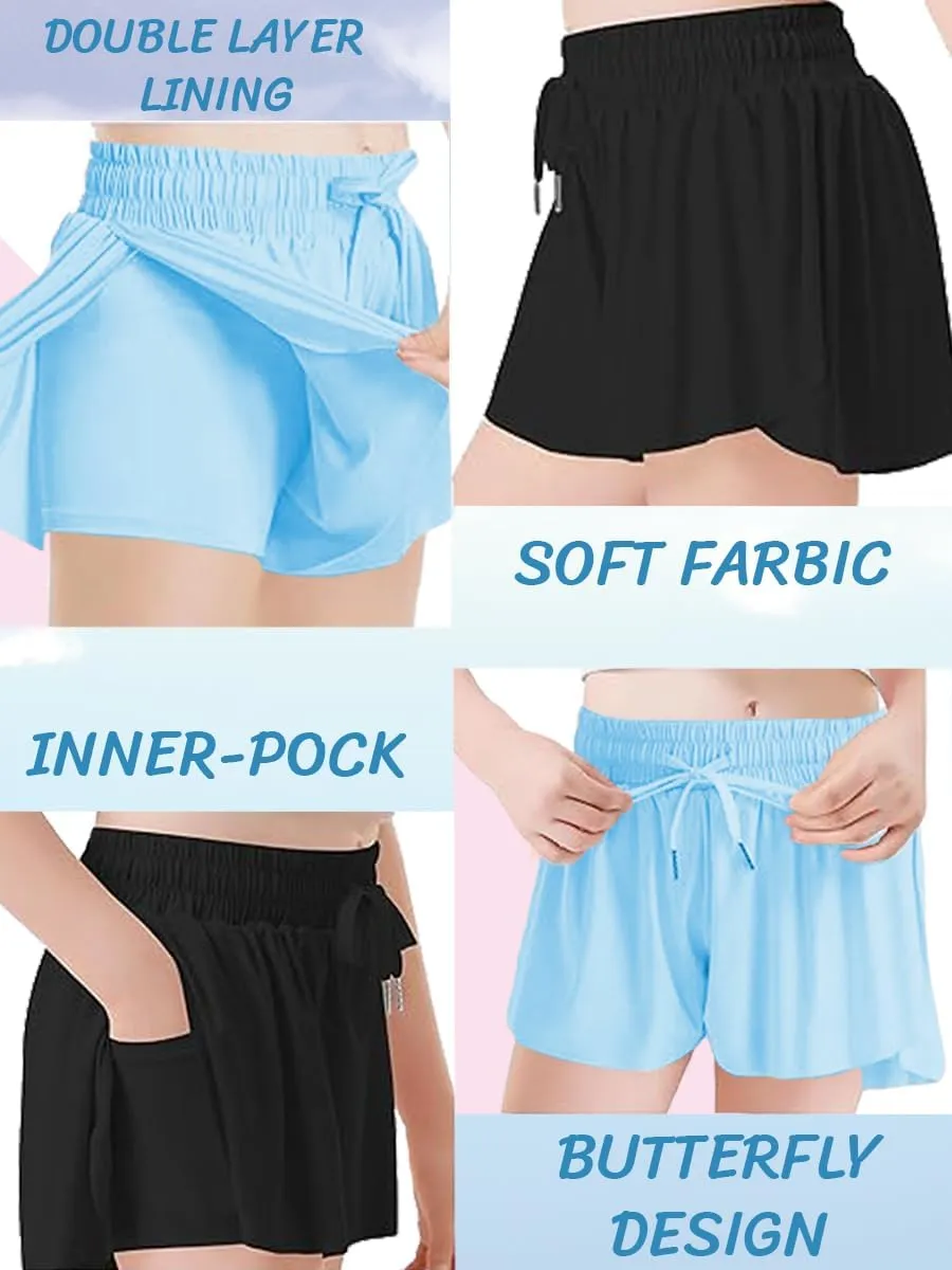 MODERN ASIR 3 Pack Girls Flowy Shorts with Spandex Liner 2-in-1 Youth Butterfly Skirts for Fitness, Running, Sports