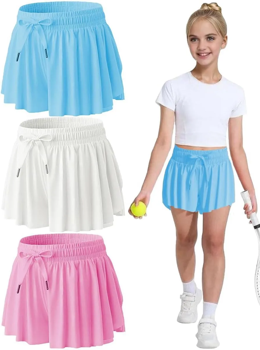 MODERN ASIR 3 Pack Girls Flowy Shorts with Spandex Liner 2-in-1 Youth Butterfly Skirts for Fitness, Running, Sports